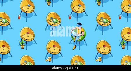 Seamless isometric pattern with man sitting on armchair work on laptop and vacant chairs around on blue background. Freelancer, programmer, coder or a Stock Vector