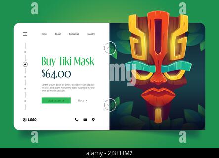 Tiki masks shop banner with hawaiian tribal totem. Vector landing page with cartoon illustration of traditional polynesian wooden god face. Advertisin Stock Vector