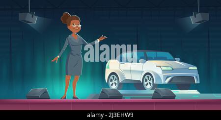 Car seller presenting modern automobile on show room stage, auto presentation in salon or exhibition with saleswoman and vehicle on scene with spotlig Stock Vector