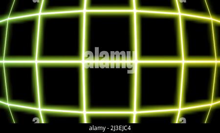 Moving curved neon grid. Design. Glowing cyber grid moves on black background. Grid in retro cyberpunk style Stock Photo