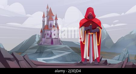 Knight standing with sword on background of medieval castle. Vector cartoon fairytale illustration of warrior or paladin in red cloak and stone mounta Stock Vector