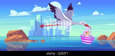 White stork carry newborn baby girl in bag flying over sea bay cityscape view. Child delivery, birth announcement, greeting and congratulation, baby s Stock Vector