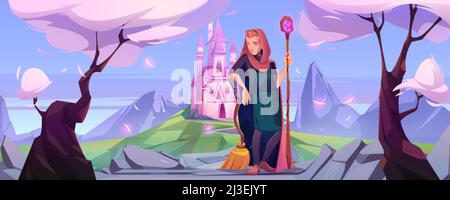 Man wizard on road to pink castle on green hill. Vector cartoon fantasy illustration of landscape with mountains, trees, royal palace and sorcerer cha Stock Vector