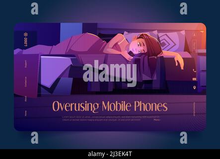 Overusing mobile phones banner. Concept of Internet addiction, FOMO, overuse social media. Vector landing page with cartoon illustration of sleepless Stock Vector