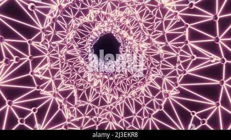 Tunnel with neon dots and lines. Design. Vibrating tunnel made of polygon mesh. Bright tunnel with swaying neon dots and lines Stock Photo