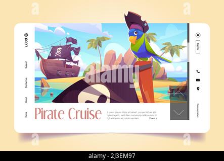 Pirate cruise banner with parrot in hat and corsair ship in sea. Vector landing page with cartoon illustration of piracy bird on beach of tropical isl Stock Vector