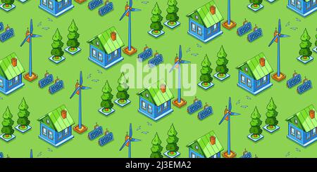 Eco friendly power generation, green energy seamless isometric pattern. House with solar panels and wind turbines, landscape with rural cottage, windm Stock Vector