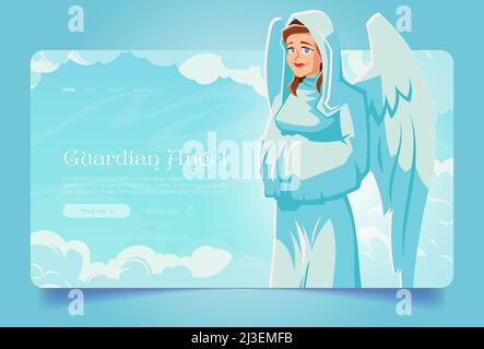 Guardian angel banner with saint archangel with wings in heaven. Vector landing page of holy protection with cartoon illustration of woman angel chara Stock Vector