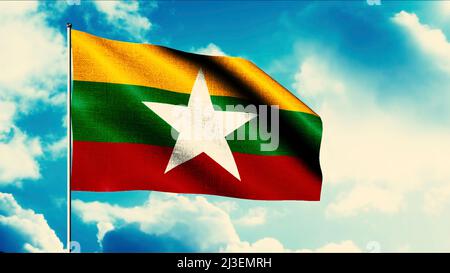 Beautiful flag waving on background of sky. Motion. Flag on flagpole in windy weather. 3D animation with Myanmar flag Stock Photo