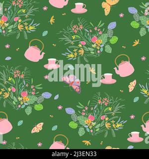 Tea time seamless pattern. Tea in the garden. Stock Photo