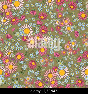 Daisy and forget-me-not flowers seamless pattern on moss green background. Stock Photo