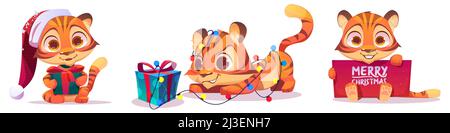 Christmas set with funny baby tiger character in red Santa Claus hat, with gift box and greeting banner. Vector cartoon illustration of cute kitten sn Stock Vector
