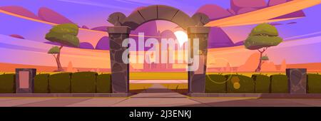 Summer landscape with stone arch entrance to public park at sunset. Vector cartoon illustration of city garden with green hedge, archway portal and to Stock Vector