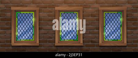 Windows, stained glass with diamond pattern and brown rectangular wooden frames on grunge wall made of red bricks front view. Abstract building facade Stock Vector