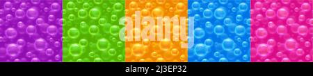 Seamless patterns with air bubbles, abstract game textures. Backgrounds with air shampoo balloons on blue, green, purple, orange and pink surface, gra Stock Vector