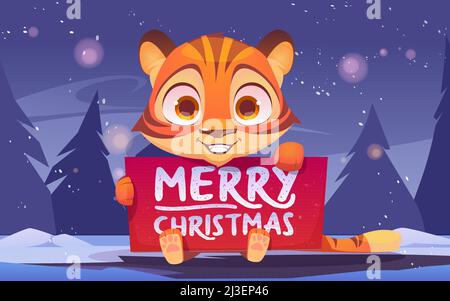 Cute tiger holding banner with Merry Christmas congratulation. Wild funny kitten in winter forest with fir-trees around. Animal cub xmas character wit Stock Vector