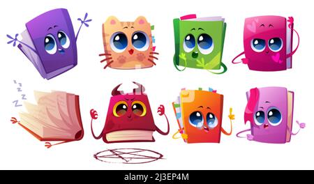 Cute books characters with bookmarks and glasses. Vector cartoon icons set of happy funny paper literature with faces, hearts, cat and devil on cover Stock Vector