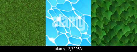 Textures of water, green grass and ivy leaves for game background. Vector cartoon seamless patterns of top view of sea, ocean or lake surface, summer Stock Vector