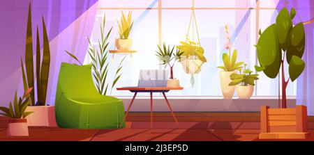 Office or home workplace with laptop on table, chair and green plants. Vector cartoon illustration of empty lounge interior with comfort place for rem Stock Vector