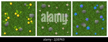 Textures of green grass with flowers and stones for game background. Vector cartoon seamless patterns of top view of lawn with blossoms in park or gar Stock Vector