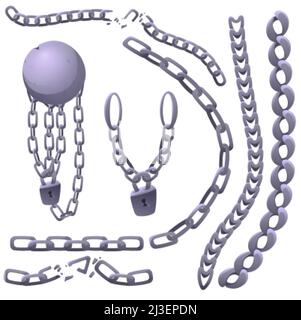 Iron chains, shackles with heavy ball and padlock. Concept of prison, slavery and jail break. Vector cartoon set of handcuff, fetters, broken chains a Stock Vector