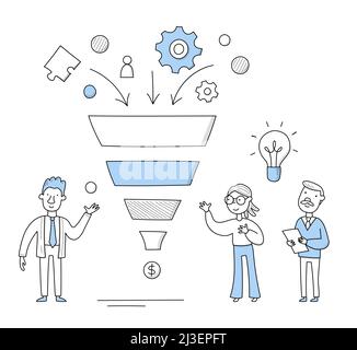 Business funnel concept with people and sales funnel. Vector doodle illustration of internet marketing strategy, diagram of online customer traffic ma Stock Vector