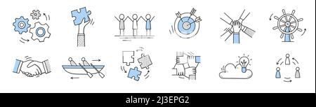 Teamwork icons with people work together, business target, puzzle pieces, handshake and steering wheel. Vector doodle set of team, partnership and org Stock Vector