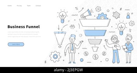 Business funnel website with people team and sales funnel. Vector landing page of internet marketing strategy with doodle illustration of diagram of o Stock Vector