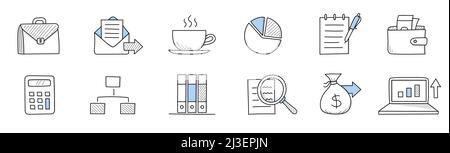 Set of doodle icons briefcase, envelope with mail, steaming cup, pie chart, notepad with pen, purse with money, calculator, scheme, files folders, mag Stock Vector
