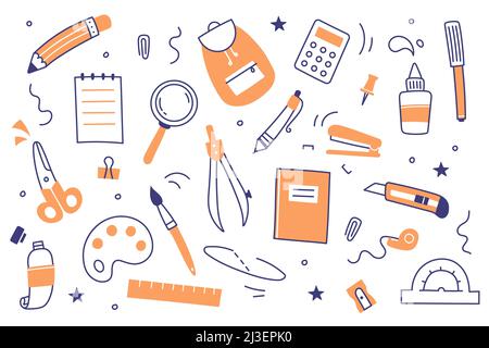 School and office stationery set. Doodle pen, pencil, marker, notebook, ruler and backpack. Vector flat icons of education supplies, scissors, calcula Stock Vector