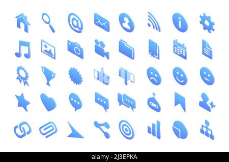 Isometric icons house, magnifier, mail envelope and wifi, cogwheel, exclamation mark, music notes and picture with photo or video camera. Document fol Stock Vector