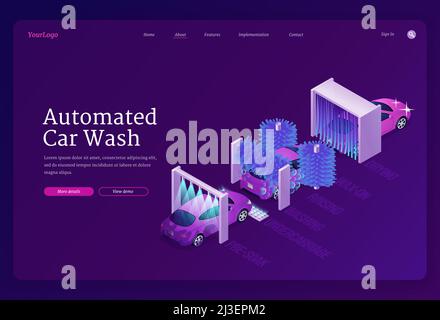 Automated car wash website. Vector landing page of carwash with isometric illustration of dirty and shiny vehicle after complex clean by water shower, Stock Vector
