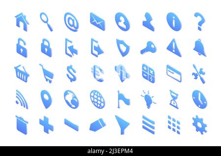 Isometric icons hourglass, light bulb, house, key, shield and padlock, magnifier, plus, minus, mail envelope and wifi, cogwheel, earth globe, map pin Stock Vector