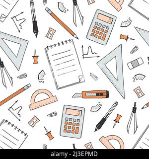 Seamless pattern with school and office stationery. Hand drawn sketch of pen, pencil, notebook and ruler. Vector background with doodle education supp Stock Vector