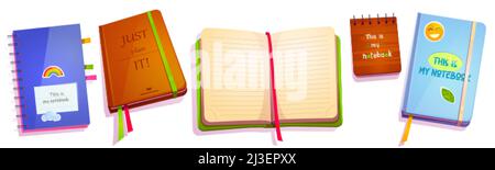 Notebooks, closed and open notepads of different size and design. Diary with colorful cover and bookmarks, lined pages, spiral, memo, office planner a Stock Vector