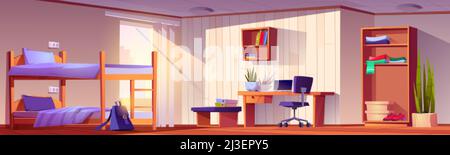 Student bedroom in dormitory with bunk bed, computer on desk, chair, wardrobe and bookshelf. Empty interior of college or university dorm, accommodati Stock Vector