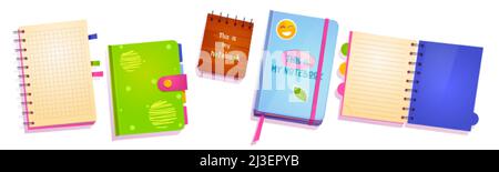 Notebooks with empty paper sheets, colorful covers, spiral binder, stickers and bookmarks. Vector cartoon set of open and closed notepads for diary, p Stock Vector