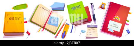 Stationery and notebooks, school or office supplies and notepads of different design. Pen, highlighter, pencil sharpener, calendar, map pin, sticky no Stock Vector
