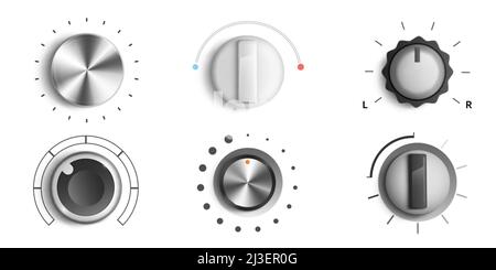 Volume knobs, round adjustment dial. Regulator level and analog buttons, Min Max music sound switchers, round tuners for audio stereo system, isolated Stock Vector