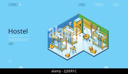 Hostel banner with isometric interior of bedroom in guesthouse. Vector landing page of guest accommodation with illustration of room with bunks for sl Stock Vector