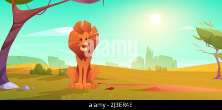 Cartoon of a lion sitting on tree stump with green plants background Stock  Vector Image & Art - Alamy