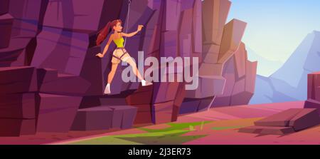 Girl rock climber climbs on mountain. Adventure, extreme sport concept. Vector cartoon illustration of canyon landscape with woman alpinist with rope Stock Vector