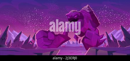 Big stone golem character on alien planet surface. Vector cartoon illustration of fantasy angry giant monster and futuristic space landscape with rock Stock Vector