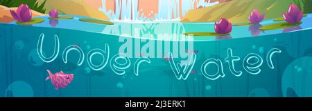 Under water background, cartoon banner with pond, air bubbles, fish and nenuphar flowers floating at sunlight beams cross section view, underwater sce Stock Vector