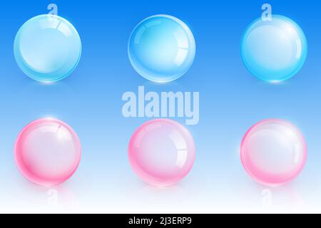 Shiny glass spheres, transparent crystal balls. Vector realistic set of 3d blue and pink clear orbs, glossy soap bubbles. Glossy translucent circles w Stock Vector
