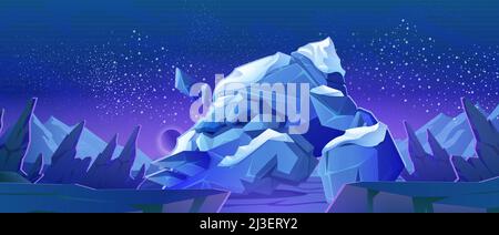 Alien planet landscape, cosmic background with rock lumps or mountains under night sky with glowing stars and shining sphere in space. Extraterrestria Stock Vector