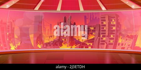 City ruins with broken houses, smoke and fire outside panoramic window. Vector cartoon cityscape with destroyed and burning buildings after war or nat Stock Vector