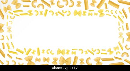 Background with pasta, italian macaroni and empty space. Vector banner with frame of realistic macaroni pieces, penne, farfalle, rigatoni and elbows i Stock Vector
