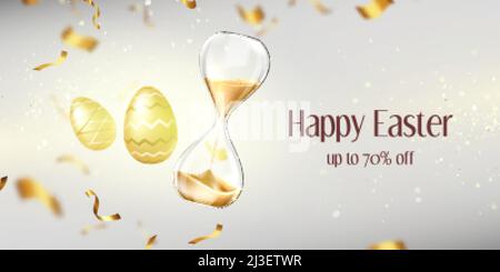 Happy Easter sale banner with gold eggs, sandglass and confetti on blurred background with golden glittering and sparkles. Holiday promotion, shopping Stock Vector