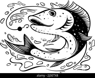 Fishing logo. fish hunting for bait. Predatory fish on the hook. Fishing on the rod Stock Vector